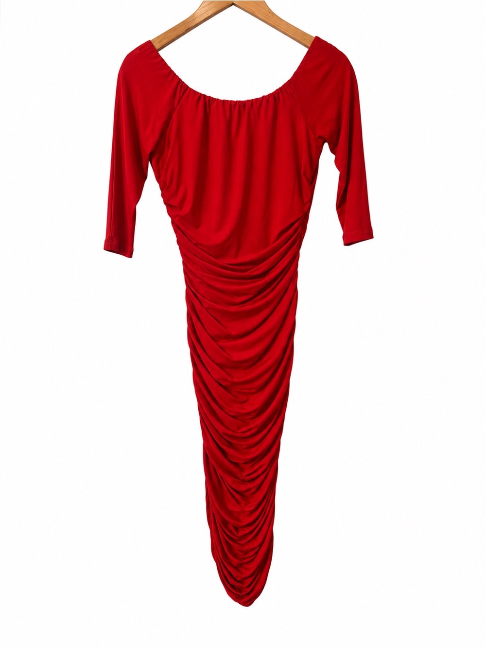Laura Byrnes Red Ruched Midi Dress XL Vintage Inspired Pin Up 3/4 Sleeve USA - Picture 3 of 4